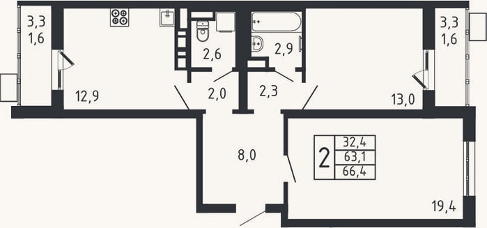 Планировка: 2-к, 63,2 м²