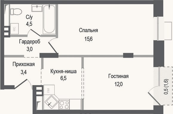 Планировка: 2-к, 45 м²