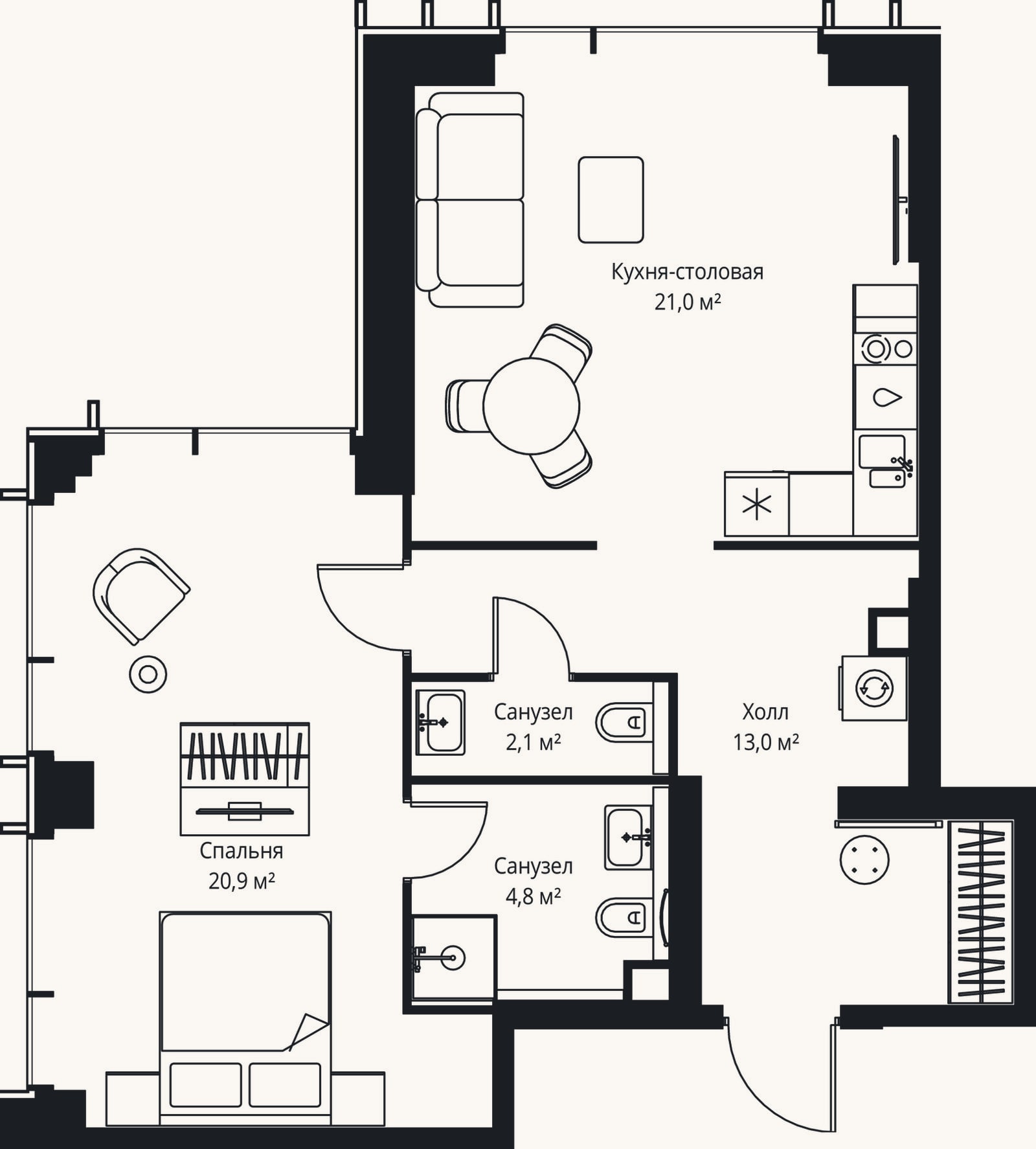 Планировка: 2-к, 61,8 м²