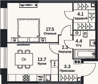Планировка: 1-к, 45,3 м²