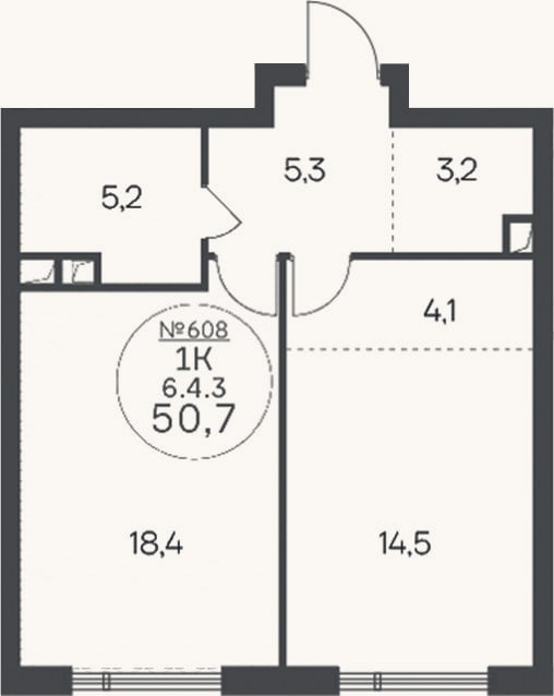 Планировка: 1-к, 50,7 м²