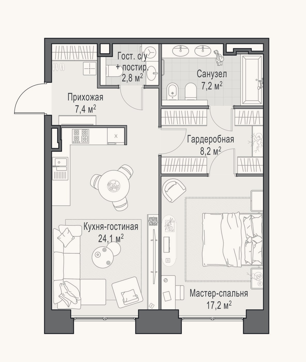 Планировка: 2-к, 67,5 м²