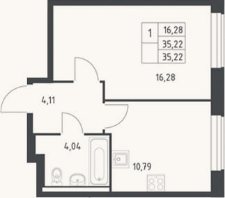 Планировка: 1-к, 35,2 м²