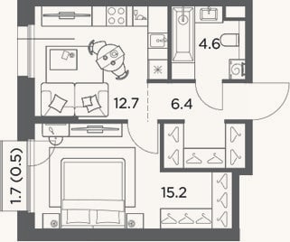 Планировка: 1-к, 38,9 м²