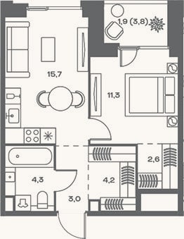 Планировка: 2-к, 41,1 м²