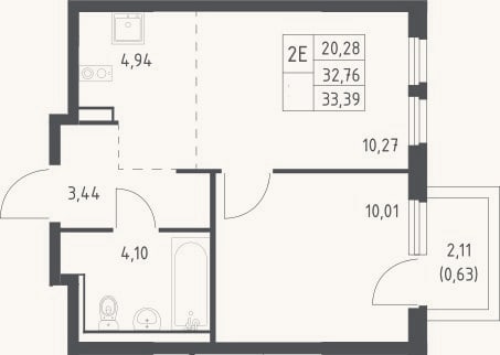 Планировка: 2-к, 32,8 м²