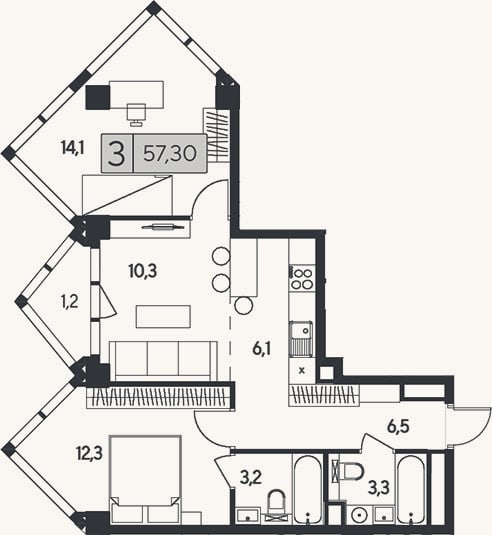 Планировка: 3-к, 56,1 м²