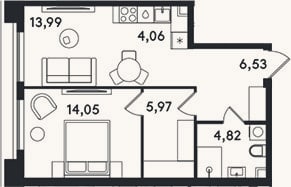 Планировка: 2-к, 49,4 м²