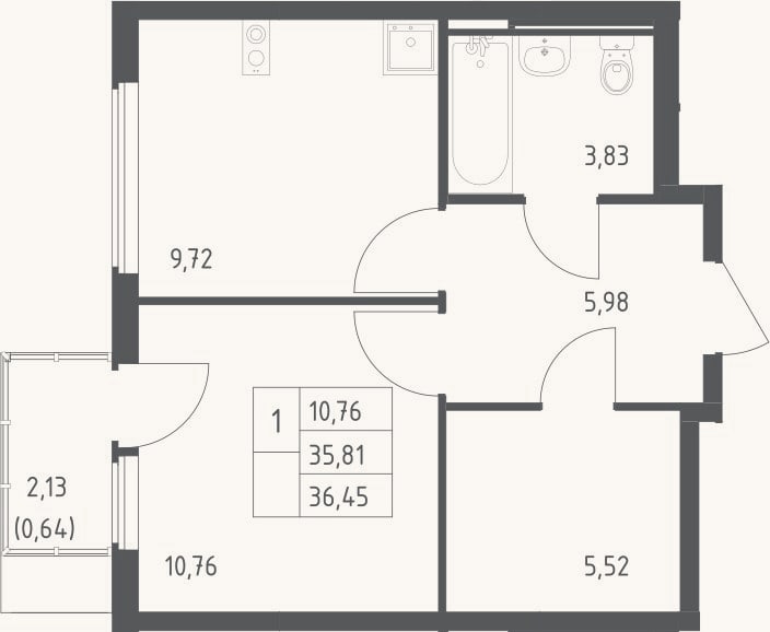 Планировка: 1-к, 35,8 м²