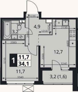 Планировка: 1-к, 32,5 м²