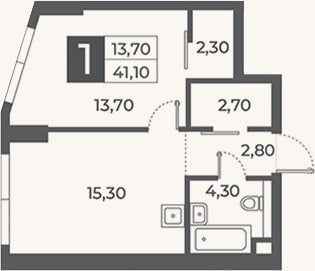 Планировка: 1-к, 41,1 м²