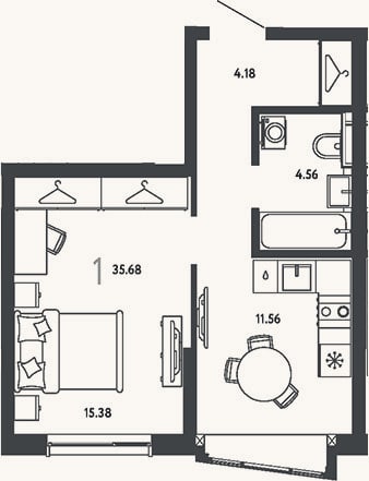 Планировка: 1-к, 35,7 м²