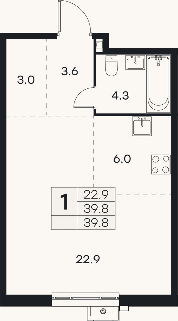 Планировка: Студия, 39,8 м²