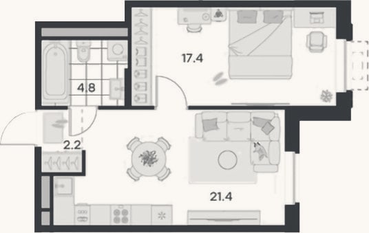 Планировка: 1-к, 45,8 м²