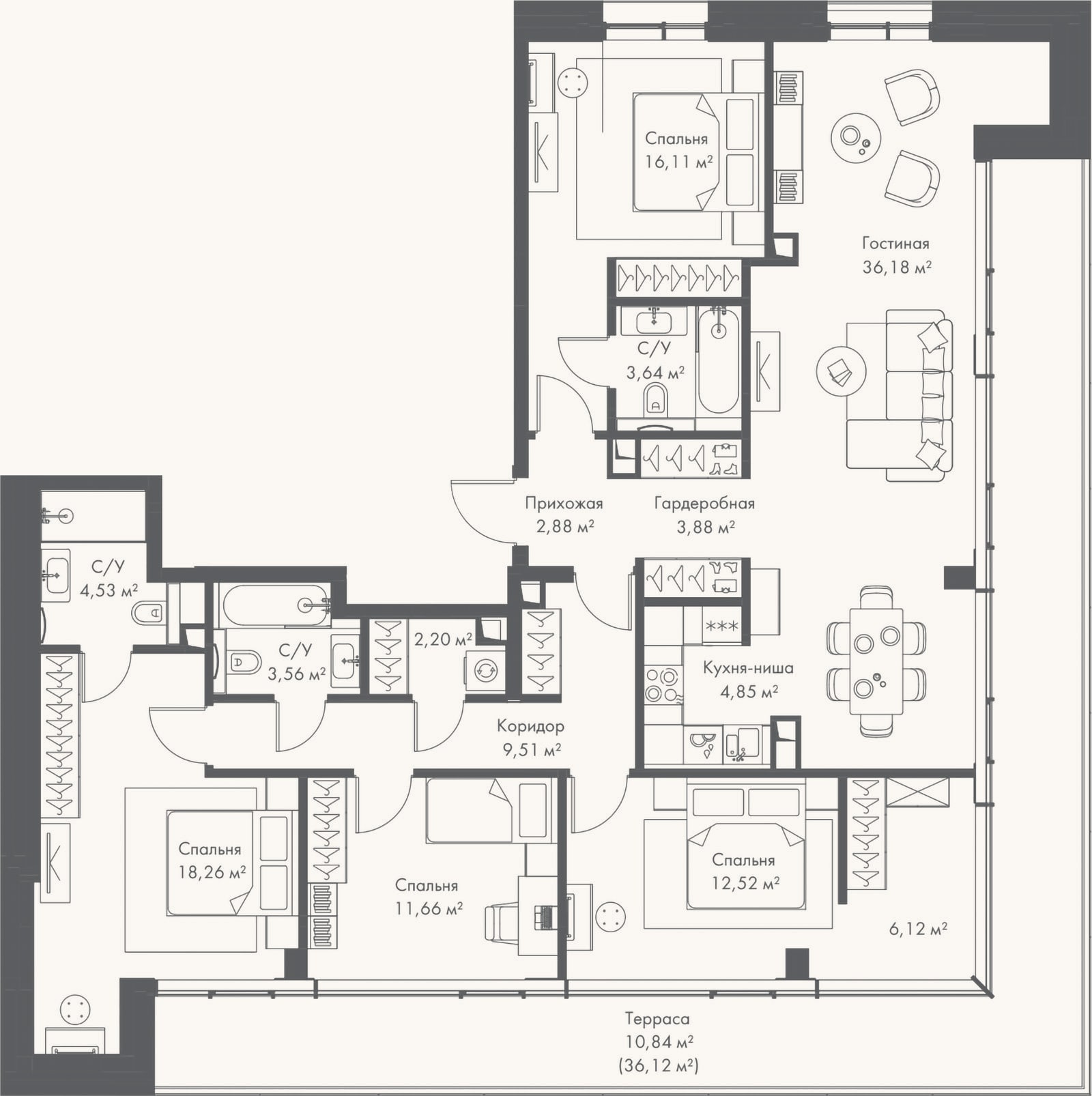 Планировка: 4+ к, 135,4 м²