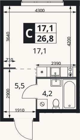 Планировка: Студия, 26,8 м²