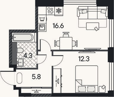 Планировка: 2-к, 39 м²