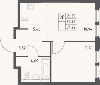 Планировка: 1-к, 34,7 м²