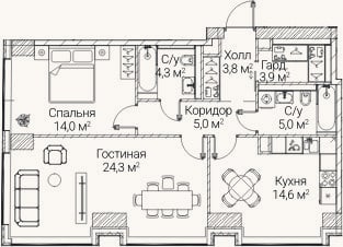 Планировка: 2-к, 74,9 м²