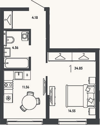 Планировка: 1-к, 34,9 м²