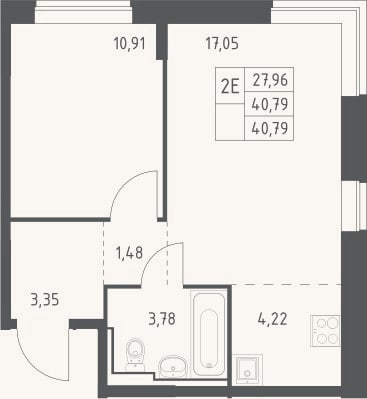 Планировка: 2-к, 40,8 м²