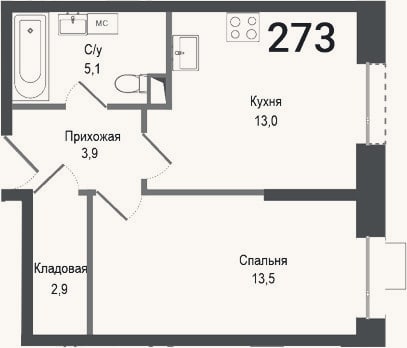 Планировка: 1-к, 38,4 м²