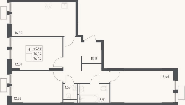 Планировка: 3-к, 76 м²