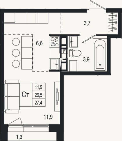 Планировка: Студия, 26,5 м²