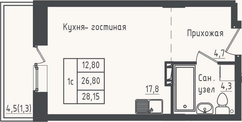 Планировка: Студия, 26,8 м²