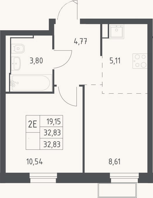 Планировка: 2-к, 32,8 м²