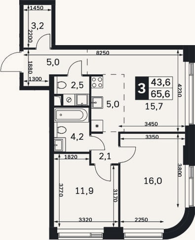 Планировка: 3-к, 65,6 м²