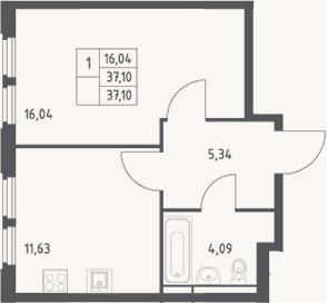 Планировка: 1-к, 37,1 м²
