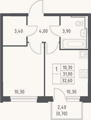 Планировка: 1-к, 31,9 м²