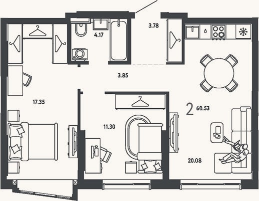 Планировка: 2-к, 60,5 м²
