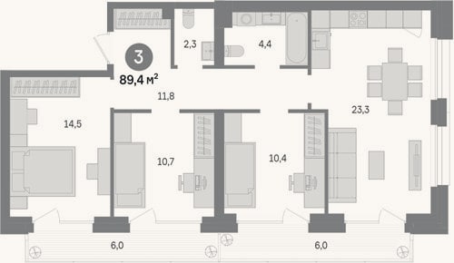 Планировка: 3-к, 77,4 м²