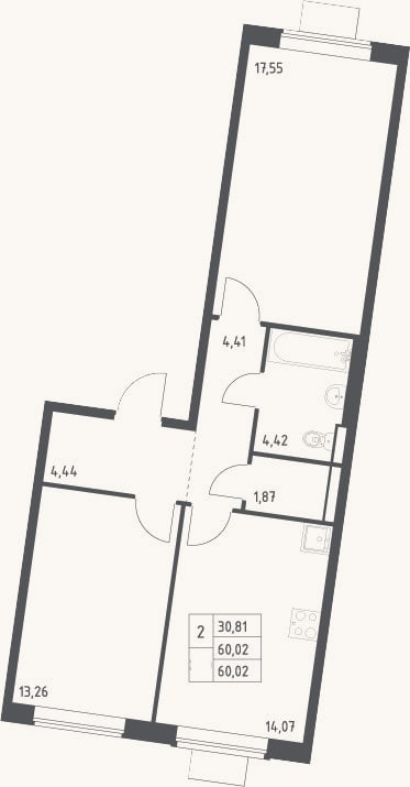 Планировка: 2-к, 60 м²