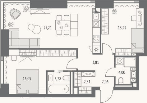 Планировка: 3-к, 73,7 м²
