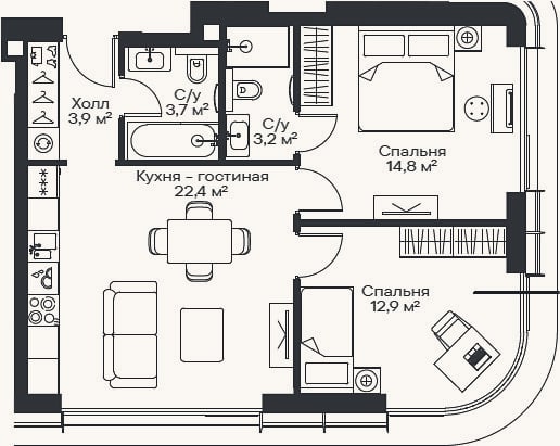 Планировка: 3-к, 59,7 м²