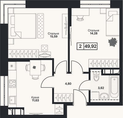 Планировка: 2-к, 49,9 м²
