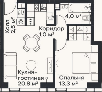 Планировка: 2-к, 41,6 м²