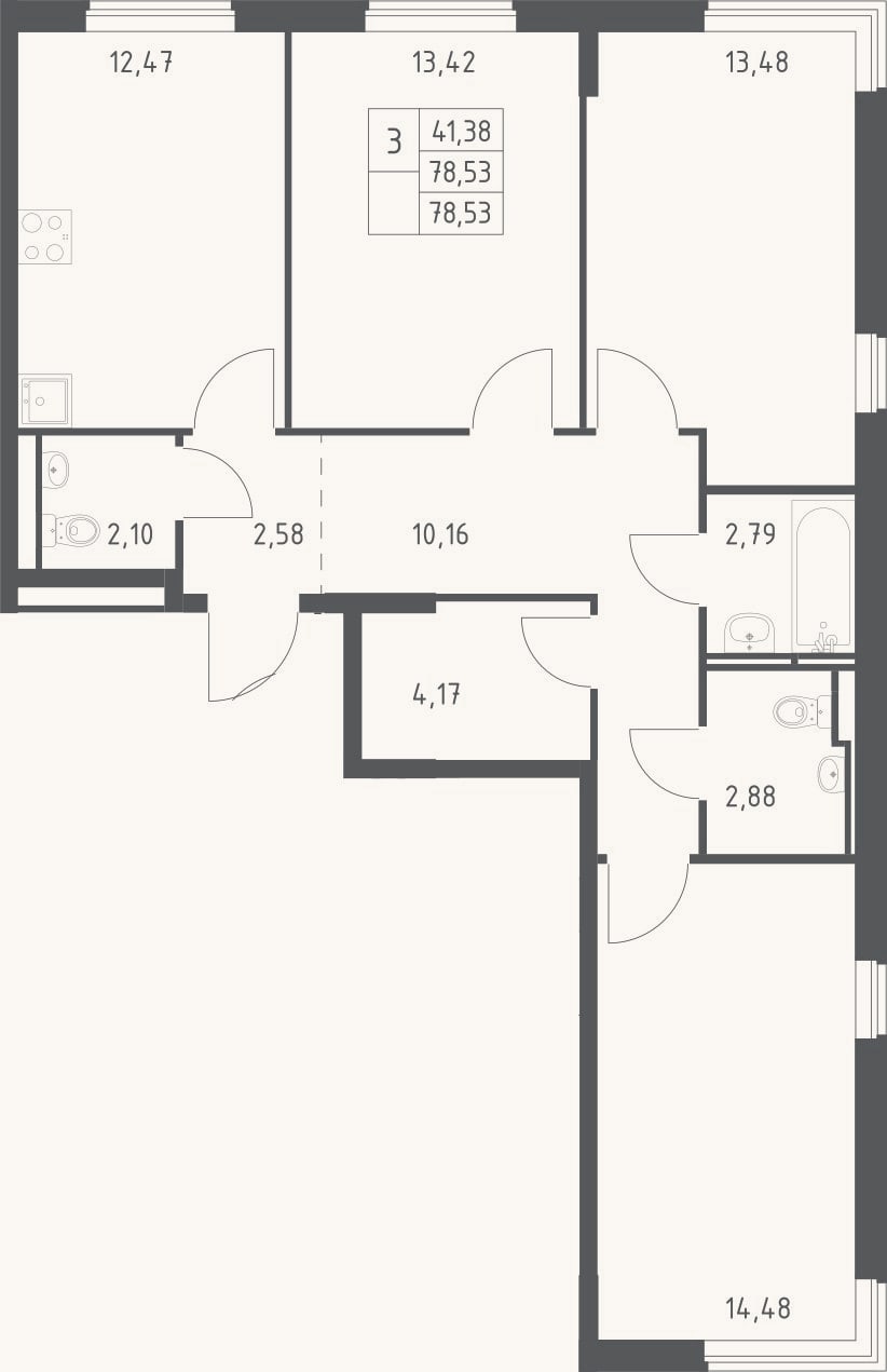 Планировка: 3-к, 78,5 м²