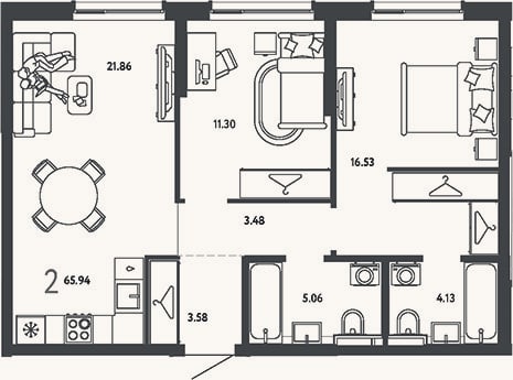 Планировка: 2-к, 65,9 м²