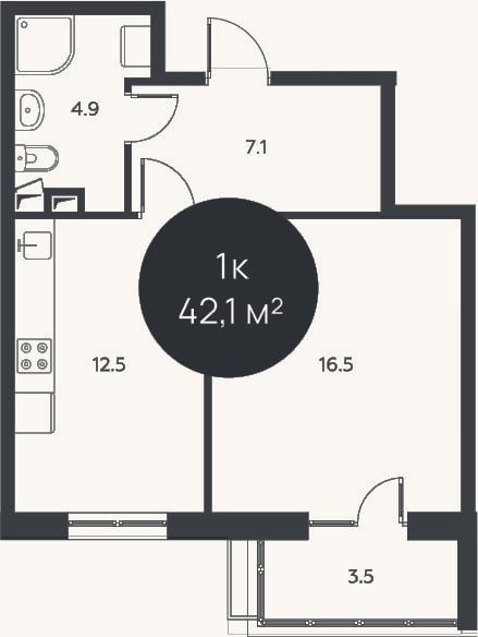 Планировка: 1-к, 41 м²