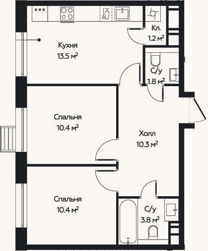 Планировка: 2-к, 50,1 м²