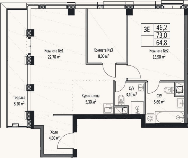Планировка: 3-к, 64,8 м²