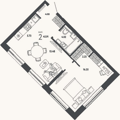Планировка: 2-к, 45,9 м²