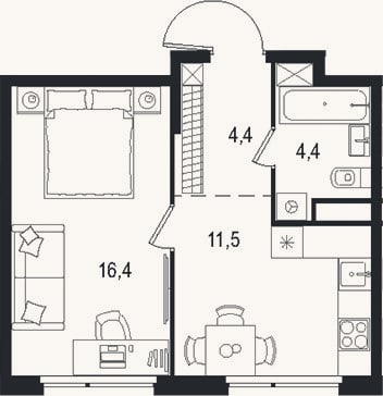 Планировка: 1-к, 36,7 м²