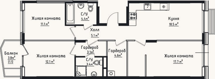 Планировка: 3-к, 80 м²