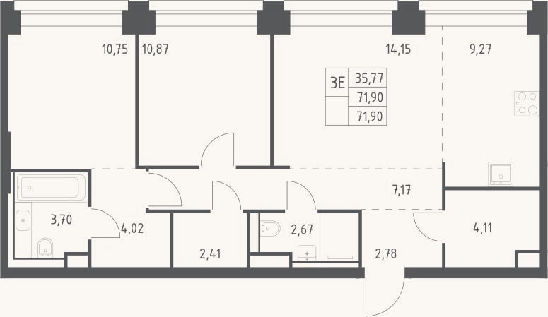 Планировка: 3-к, 71,9 м²