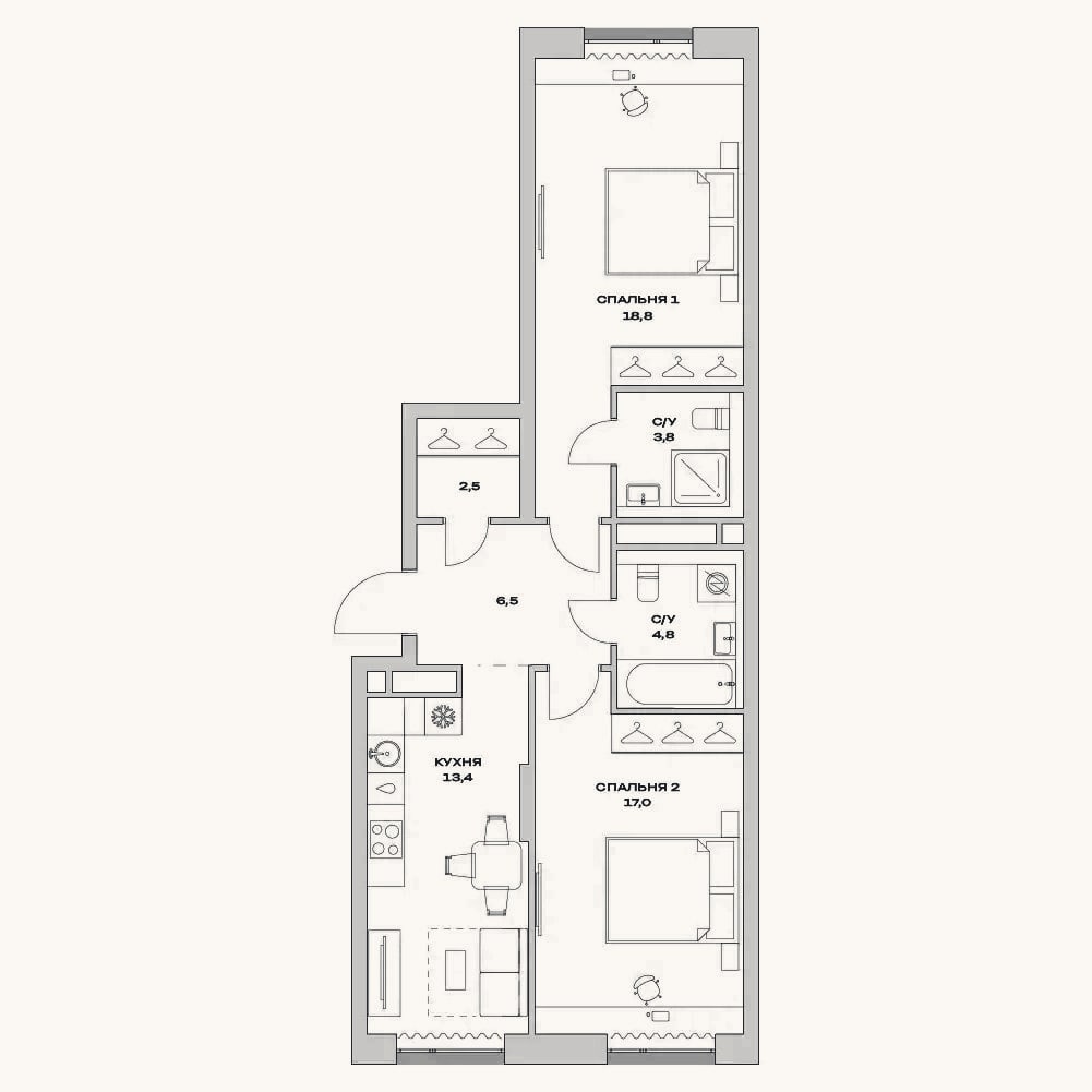 Планировка: 2-к, 66,8 м²